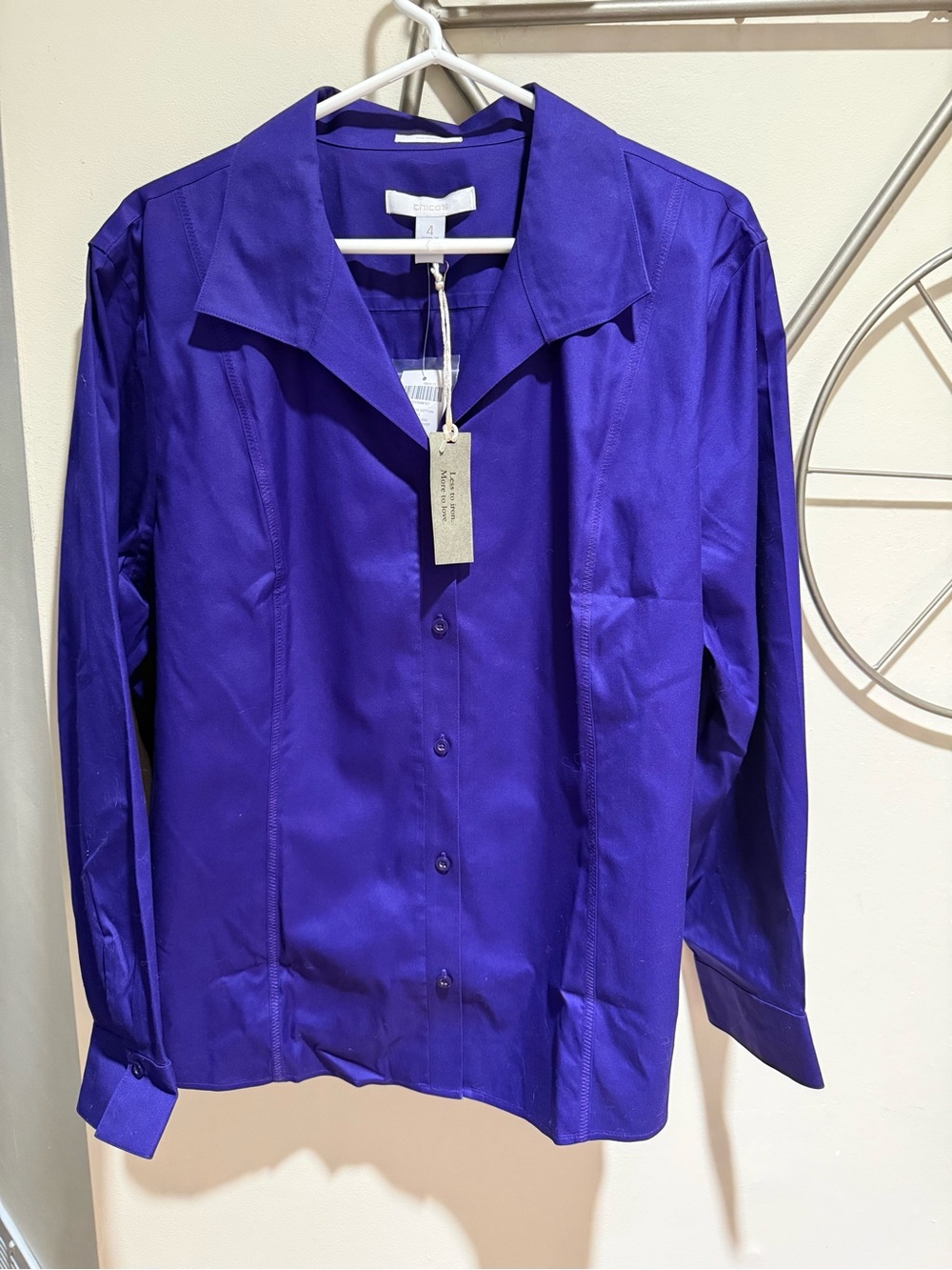 Chico’s No Iron Deep Purple Button-Up Shirt 100% Cotton Size 2XL